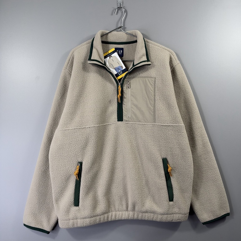 NWT Gap Fleece Jacket Mens Medium Cream 1/4 Zip Pullover Pockets Sherpa Winter